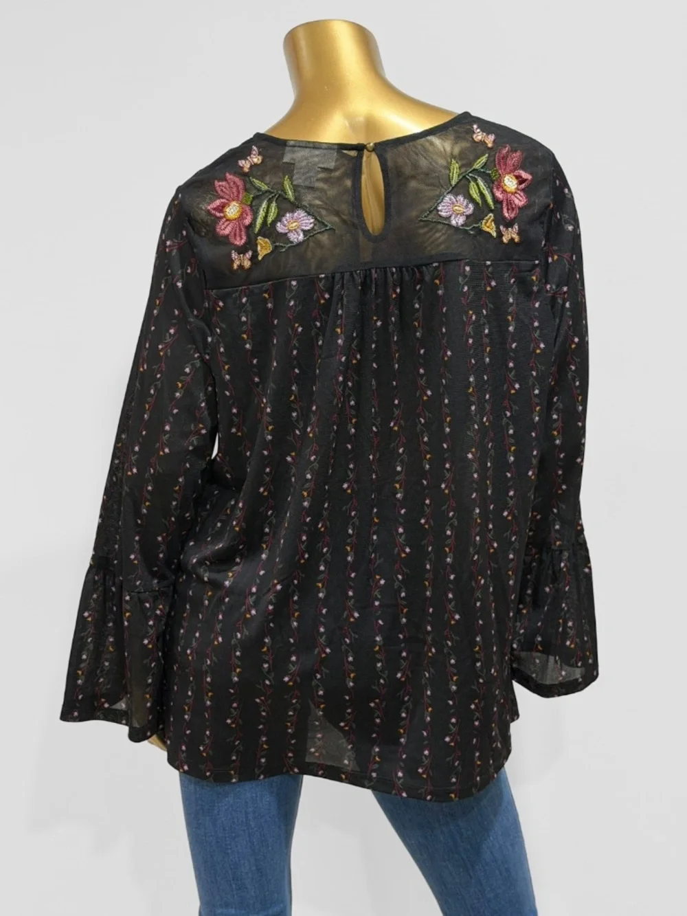 Style & Co. Black Multi-Floral Embroidered Lined Mesh Long-Sleeve Top Size 1X - Picture 2 of 8